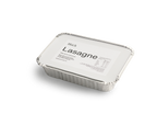 A rectangular aluminum foil tray with a white lid label reading 'Black Lasagne' on a clean white background.